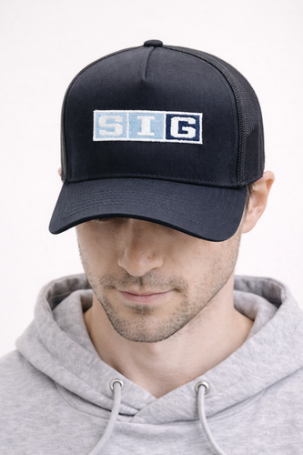 Black SIG Hockey Trucker Snapback-Navy SIG Box Logo