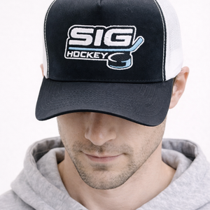 Black Front/White Mesh Back SIG Hockey Trucker Snapback-Original SIG Hockey Logo