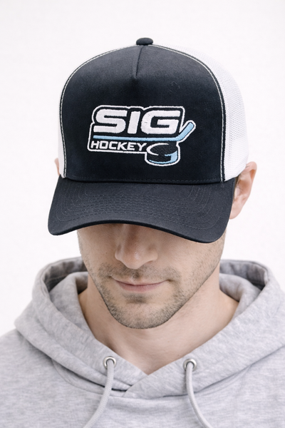Black Front/White Mesh Back SIG Hockey Trucker Snapback-Original SIG Hockey Logo