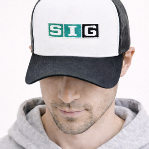White Front/Black Mesh Back SIG Hockey Trucker Snapback-Original SIG Box Logo