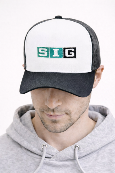 White Front/Black Mesh Back SIG Hockey Trucker Snapback-Original SIG Box Logo
