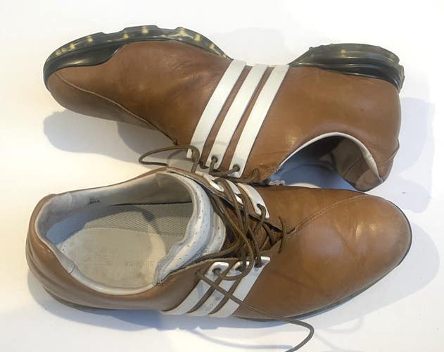 Adidas AdiPure Leather Golf Shoes Mens Brown White Stripe Lace Up Cleats Size 11