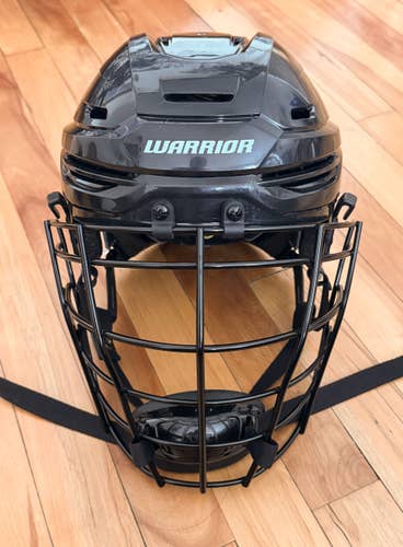 All black Warrior Alpha One Pro Box lacrosse helmet with Fatboy 2 mask, Large