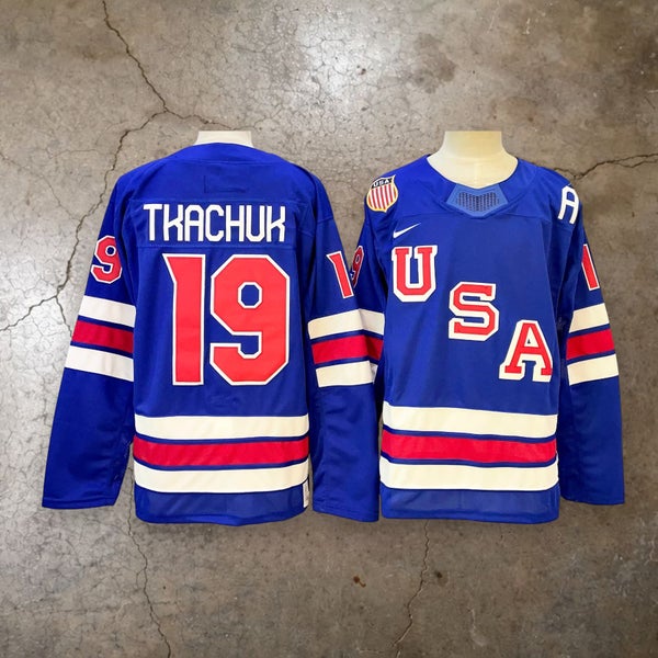 Men’s Team USA Matthew Tkachuk #19 Blue Olympic Hockey Replica Jersey