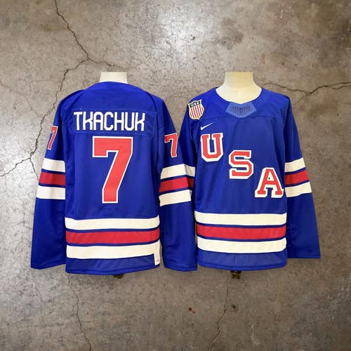 Men’s Team USA Brady Tkachuk #7 Blue Olympic Hockey Replica Jersey