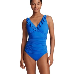 Lauren Ralph Lauren Beach Club Swimsuit Women 8 Blue Ruffle V-Neck Beach GBO1970