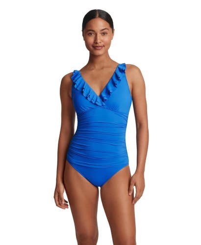 Lauren Ralph Lauren Beach Club Swimsuit Women 8 Blue Ruffle V-Neck Beach GBO1970