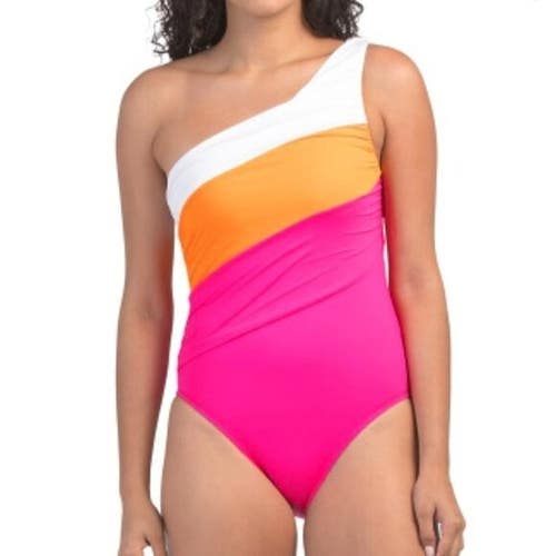 La Blanca Shirred Swimsuits Women's 16 Tangerine One-Shoulder One-Piece GBO2032