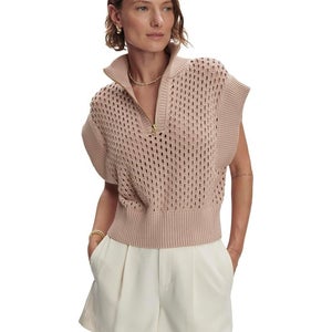 Varley Gaines Sweater Women's Small Light Taupe Knit 1/2 Zip Cap Sleeve GBO2102