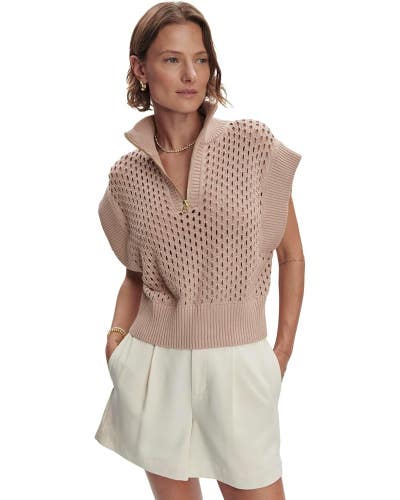 Varley Gaines Sweater Women's Small Light Taupe Knit 1/2 Zip Cap Sleeve GBO2102