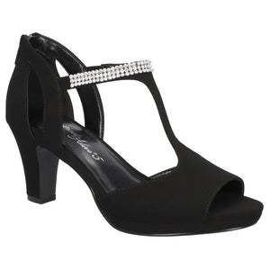 Easy Street Flash Sandals Womens 8.5 Black Rhinestone T-Strap Block Heel ZAP1121