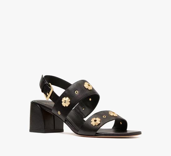 Kate Spade New York Spade Sandals Women's 5 Black Flower Stud Block Heel ZAP1129