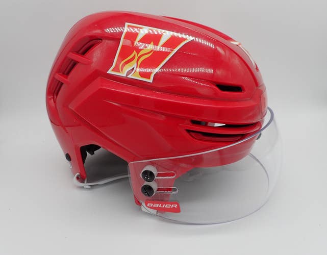 Calgary Wranglers Pro Stock Game Worn Used AHL Warrior Helmet Visor Decals #15