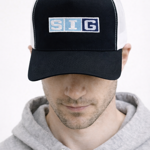 Black Front/White Mesh Back SIG Hockey Trucker Snapback-Navy SIG Box Logo