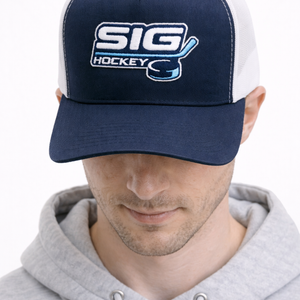 Navy Front/White Mesh SIG Hockey Trucker Snapback-Navy SIG Hockey Logo
