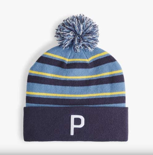 Puma WRMLBL Stripe Pom Beanie (Deep Navy, Blue Horizon, Pele Yellow, One Size)