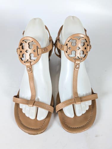 Tory Burch Women's Miller Leather Nude Logo Wedge Sandals Shoes Size 8.5 M