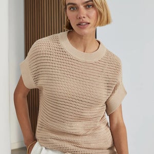 Varley Corvallis Sweater Women's Medium Moonlight Open Knit Drawcord Hem GBO2101