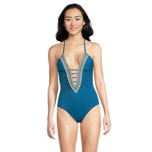 Becca Harmonia Clare Swimsuit Women's M Lagoon Stretch Plunge One-Piece GBO2471