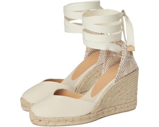 Castaner Chiara Sandal Women 7.5 Ivory Ankle Strap Wedge Heel Espadrille ZAP1196