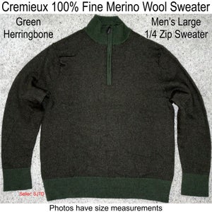 Cremieux 100% Fine Merino Wool Green Herringbone 1/4 Zip Sweater Men Large (runs small)
