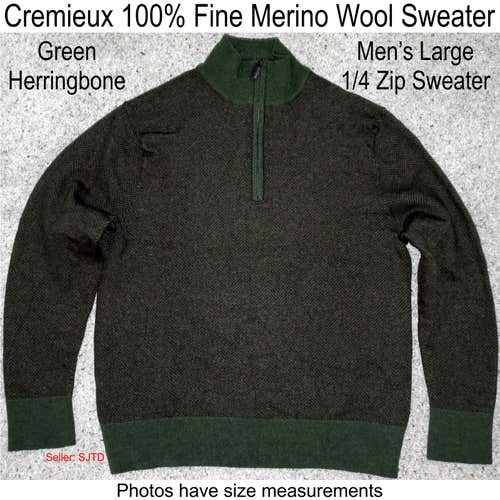 Cremieux 100% Fine Merino Wool Green Herringbone 1/4 Zip Sweater Men Large (runs small)