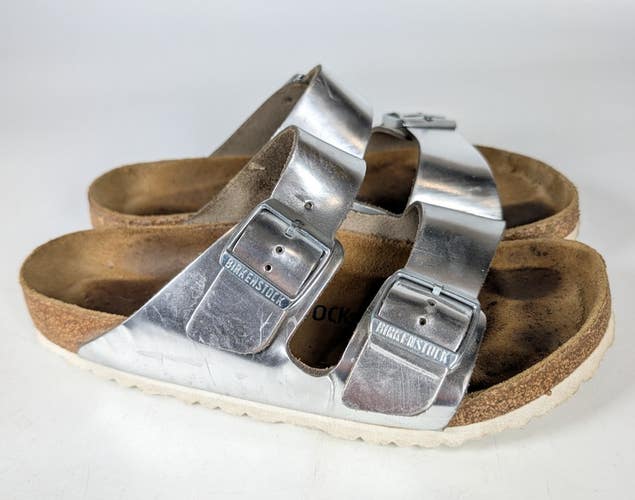 Birkenstock Arizona Metallic Silver Leather Soft Footbed Sandals Women's 39 / 8