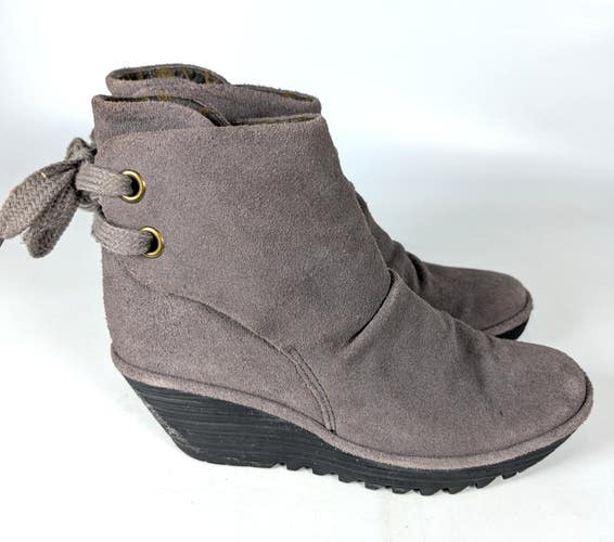 Fly London Yama Ankle Wedge Gray Suede Booties Women's Size 40/9.5