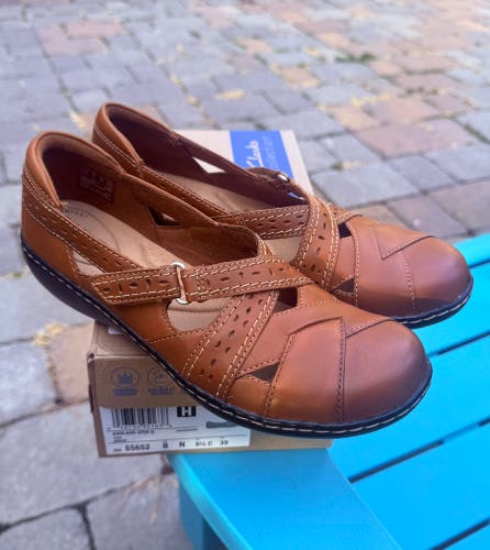 WOMENS CLARKS BROWN LEATHER MARY JANE ASHLAND SPIN Q COMFORT SHOES SIZE 8 NARROW