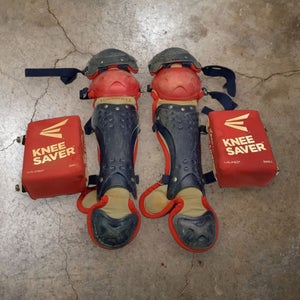 Used Louisville Slugger RED AND NAVY SHIN GAURDS Catchers Leg Guards Navy Blue And Red Youth