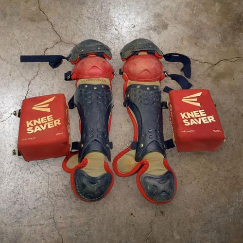 Used Louisville Slugger RED AND NAVY SHIN GAURDS Catchers Leg Guards Navy Blue And Red Youth