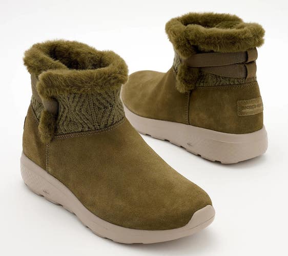 Skechers On-The-Go City Winter Boots Women's 8.5 Green Suede Ankle Cozy ZAP2129