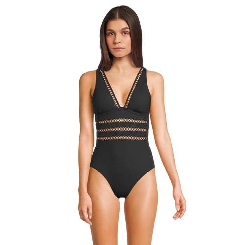 Becca Modern Edge Rib Toni Swimsuits Womens Medium Black Plunge One-Piece JZZ655