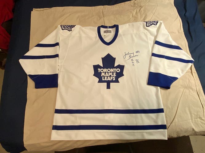 Autographed Johnny Bower Toronto Maple Leafs CCM Center Ice Jersey (No Name/#) Plus Bonus Items