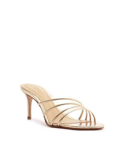 Schutz Inez Mule Sandals Womens US 8.5 Gold Patent Leather Stiletto Heel ZAP1755