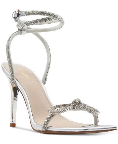 Aldo Barrona Sandals Women 8 Silver Rhinestone Ankle Strap Stiletto Heel ZAP1653