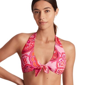 Lauren Ralph Lauren Bikini Top Women's Pink Printed Tie-Front Halter Neck JZZ772