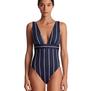 Lauren Ralph Lauren Swimsuit Womens 12 Dark Navy Striped Plunge One Piece JZZ723