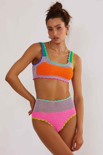 Beach Riot Wyatt Bikini Bottom Womens Small Pink Crochet Stretch Swimwear JZZ823