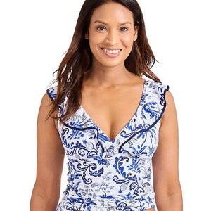 Tommy Bahama Terrazzo Tile Tankini Top Womens Medium Blue Ruffle Swimwear JZZ693