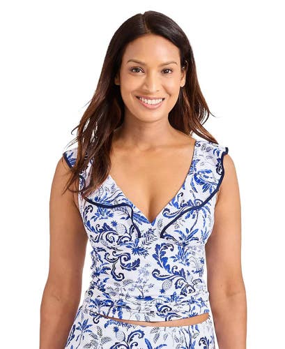 Tommy Bahama Terrazzo Tile Tankini Top Womens Medium Blue Ruffle Swimwear JZZ693