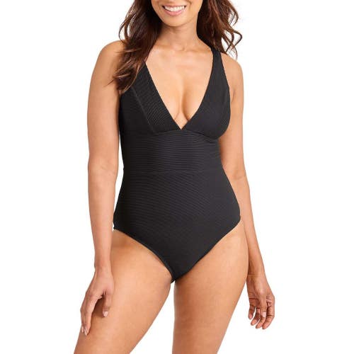 Tommy Bahama Ocean Point Swimsuit Women 12 Black Stretch V-Neck One Piece JZZ793