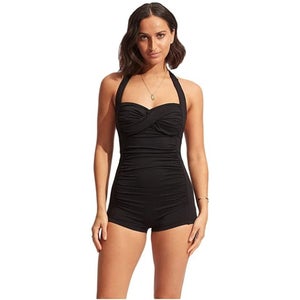 Seafolly Collective Boyleg Swimsuits Women's 8 Black Ruched One Piece GBO2194