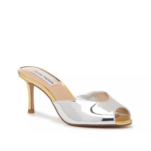 Steve Madden Riveting Sandals Women's 8 Silver Peep Toe Stiletto Heel ZAP1697