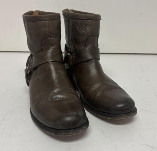Frye Philip Harness Gray Leather Rear Zip Ankle Boots US Women's 7 EXCELLENT