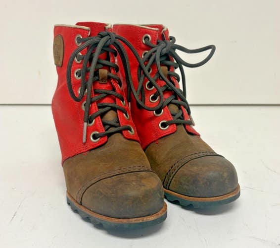 Sorel PDX 1964 Wedge Ankle Boots Brown Leather & Bonfire Red US Women's 8 EU 40