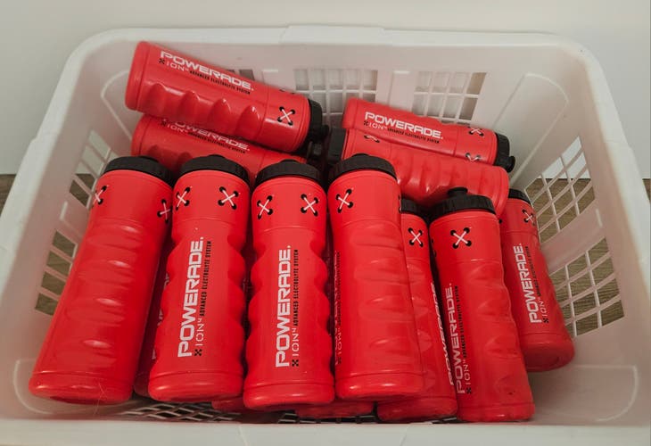 Bulk Lot 30 NEW Powerade 24oz Squeeze Water Bottles Red Sports Team Hydration