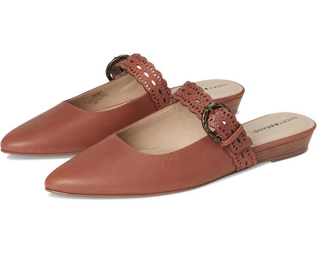 Lucky Brand Nicona Flats Women's US 7.5 Wild Pecan Leather Slip On Mule ZAP2017