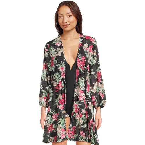 Tommy Bahama Lily Cat Tunic Womens Large Black Tropical Open Front Beach GBO2205