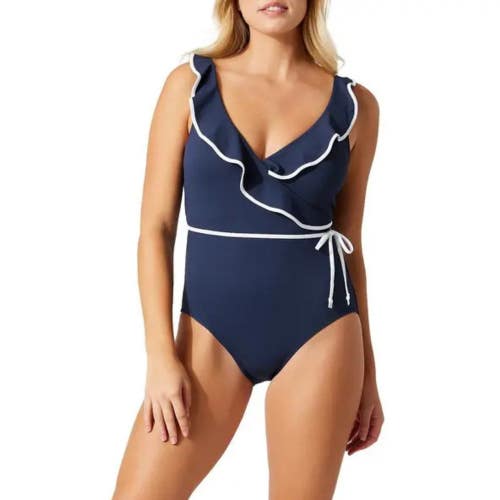 Tommy Bahama Island Cays Cabana Swimsuit Women Blue Wrap Front One-Piece GBO2217
